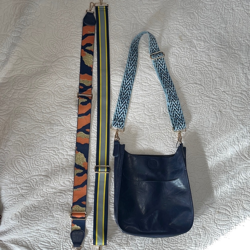 Real vegan leather navy blue Ahdorned bag with interchangeable straps